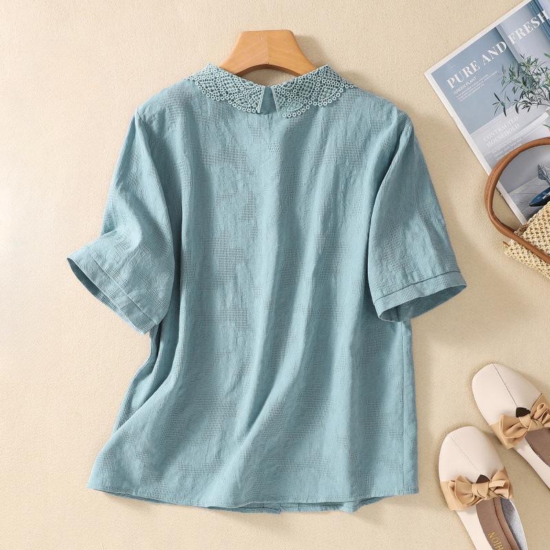 

Летняя женская рубашка больших размеров, свободная однотонная хлопково-льняная жаккардовая рубашка с короткими рукавами, топ с короткими рукавами 2XL светло-синий