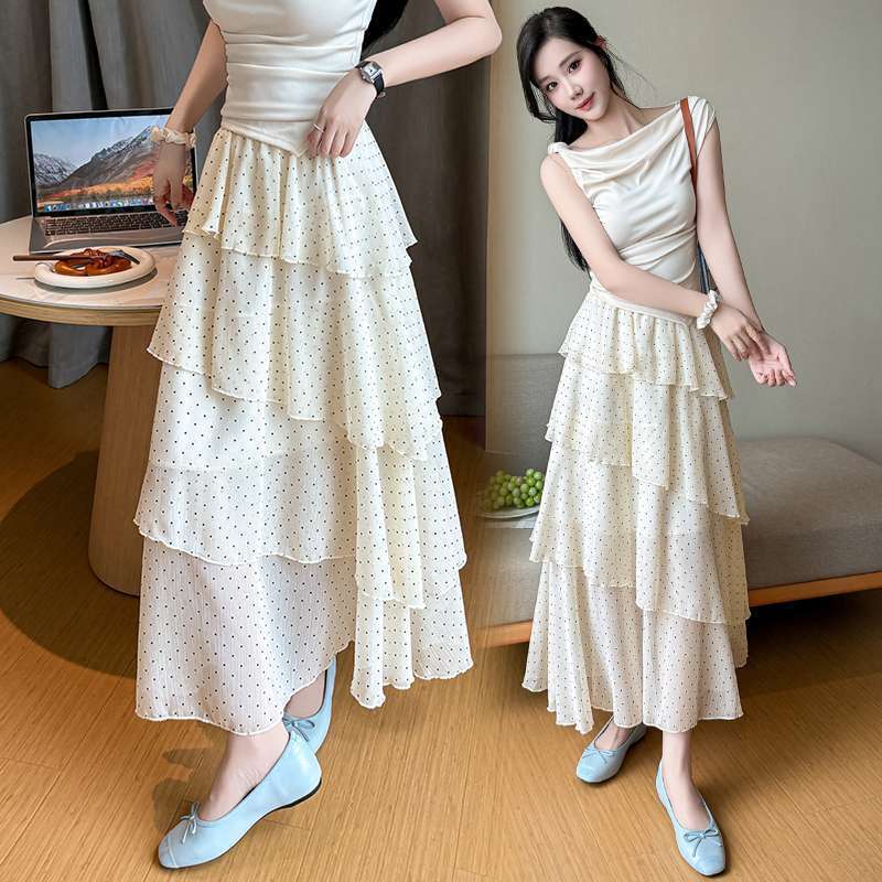 Qooth Polka Dot Ruffle Tiered Midi Skirt Asymmetric Patchwork Cake Skirt QT2878