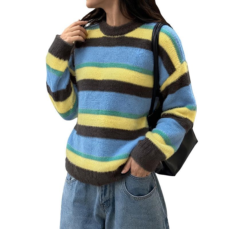Women S Blue Round Neck Striped Knitted Sweater Casual Commute Style