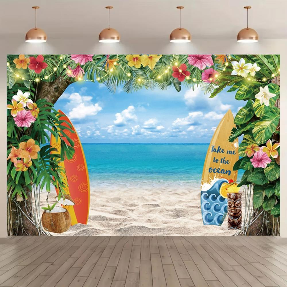 Tropical Beach Family Portrait Photography Background Surfboard Hawaiian Flowers Kids Birthday Party Backdrop Photo Booth Props