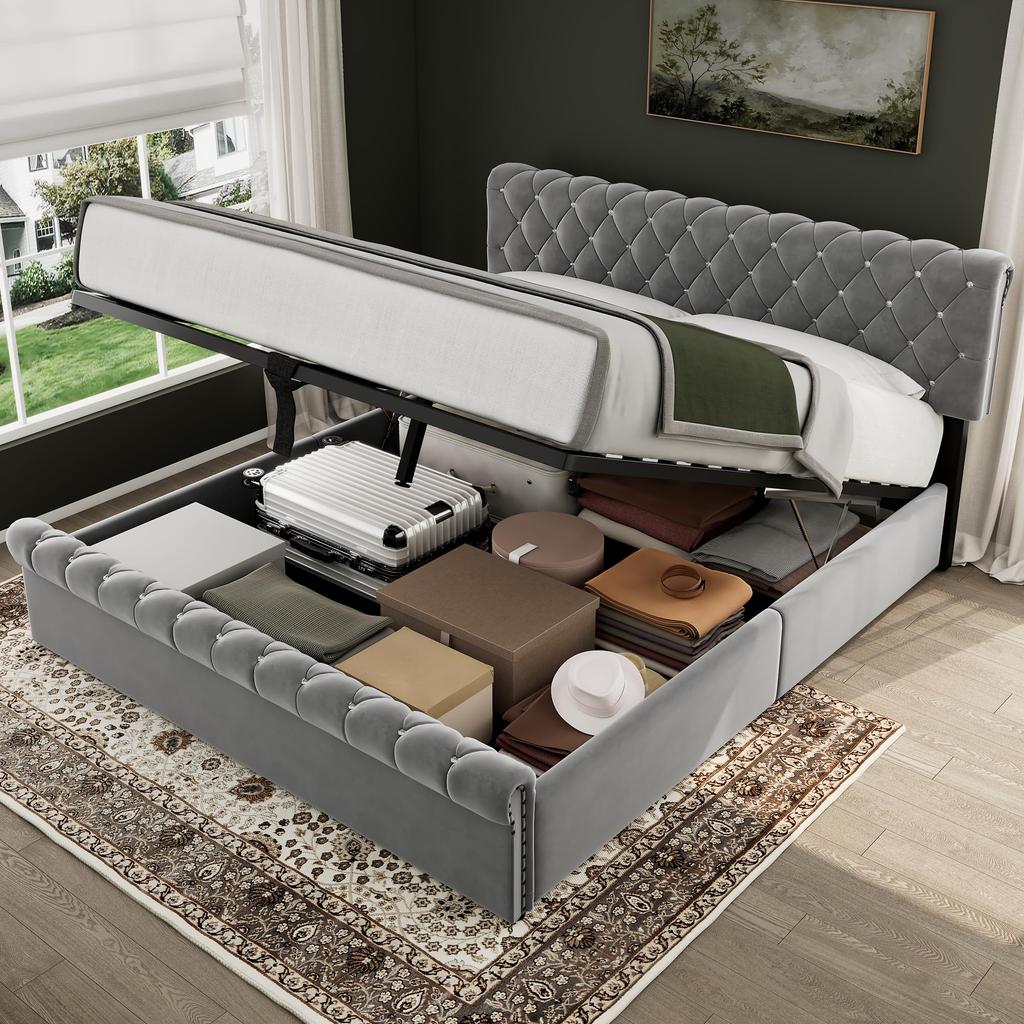 Polsterbett 140x200cm, Hydraulisch Doppelbett, Lattenrost, Bettkasten, Verstellbares Kopfteil, Samt, Grau, ohne Matratze