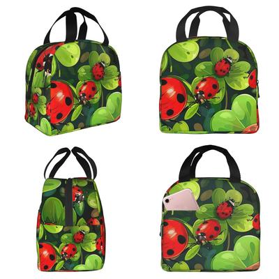 Ladybug On The Four Leaf Grass Insulated Lunch Bag for Kids School Cooler Thermal Food Box Tote Portable Lunch Boxes Container