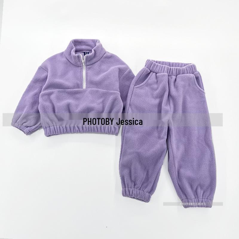 Korean Style Winter Fleece Set: High Neck Half-Zip Top & Joggers for Boys and Girls