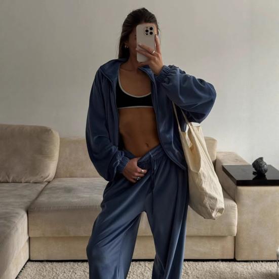 Two Piece Tracksuit Set for Women Cropped Zip Up Sweatshirt And Wide Leg Sweatpants Sets Spring Casual Sweatsuit Lounge Set