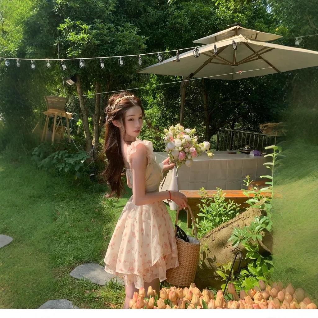 2026 Floral Off-Shoulder Puff Sleeve Spring/Summer Dress for Women - Slimming, Waist-Cinched, Short Sleeves, Sweet Super Fairy Style