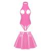 Womens Sexy Patent Leather Set Wet Look Crotchless Bodysuit with Zipper Flared Skirt Night Club Wear