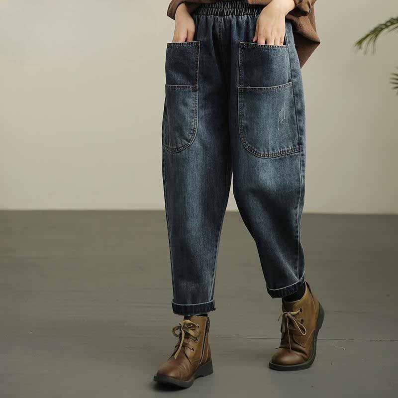 Retro distressed haremsbukser Elastisk midje jeans for kvinner Løse brede ben Rette dongeribukser med stor lomme