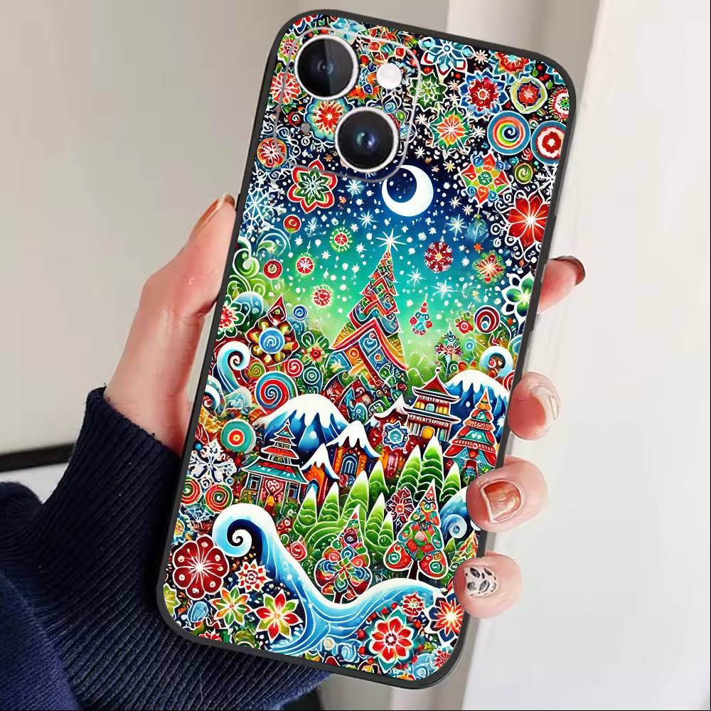 Whimsical landscape Starry Night Phone Case For iPhone 17 16 15 14 13 12 Max Plus Silicone Black Cover