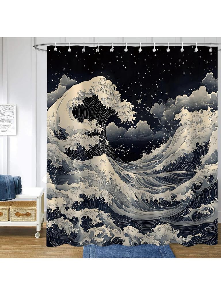 Japanese Anime Shower Curtain, Oriental Asian Funny Sea Waves Retro Clouds Stars Bathroom Curtains Decor Set, Black White