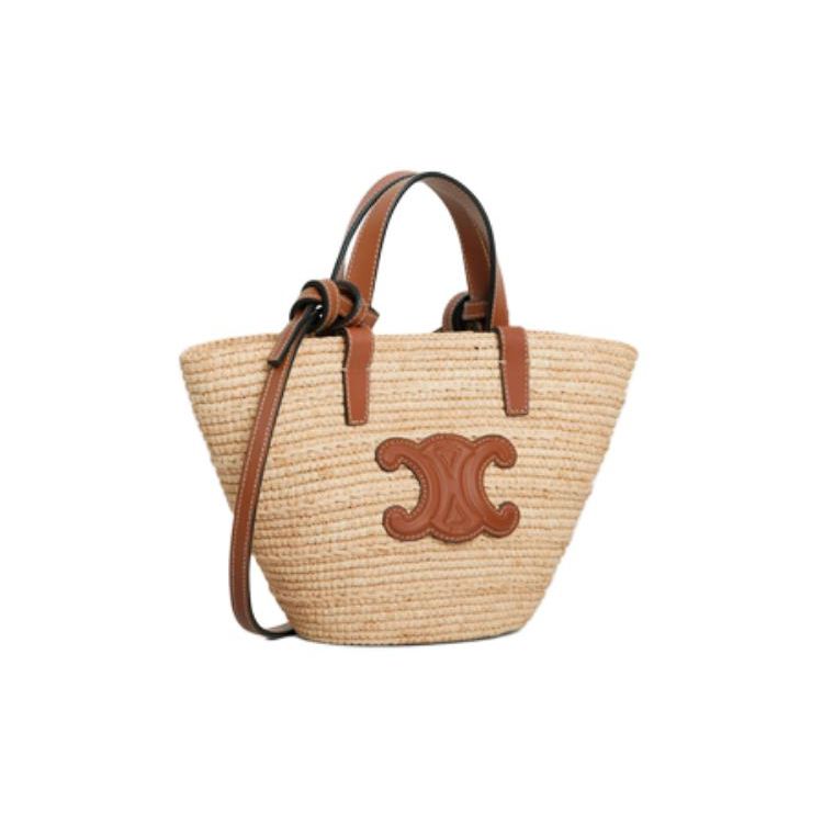 Celine Nano Geschmeidige Triomphe Logo Raffia und Kalbsleder Schulter-Tragetasche Damen Handtaschen Natürliches Braun 10M582DZ2-02NT