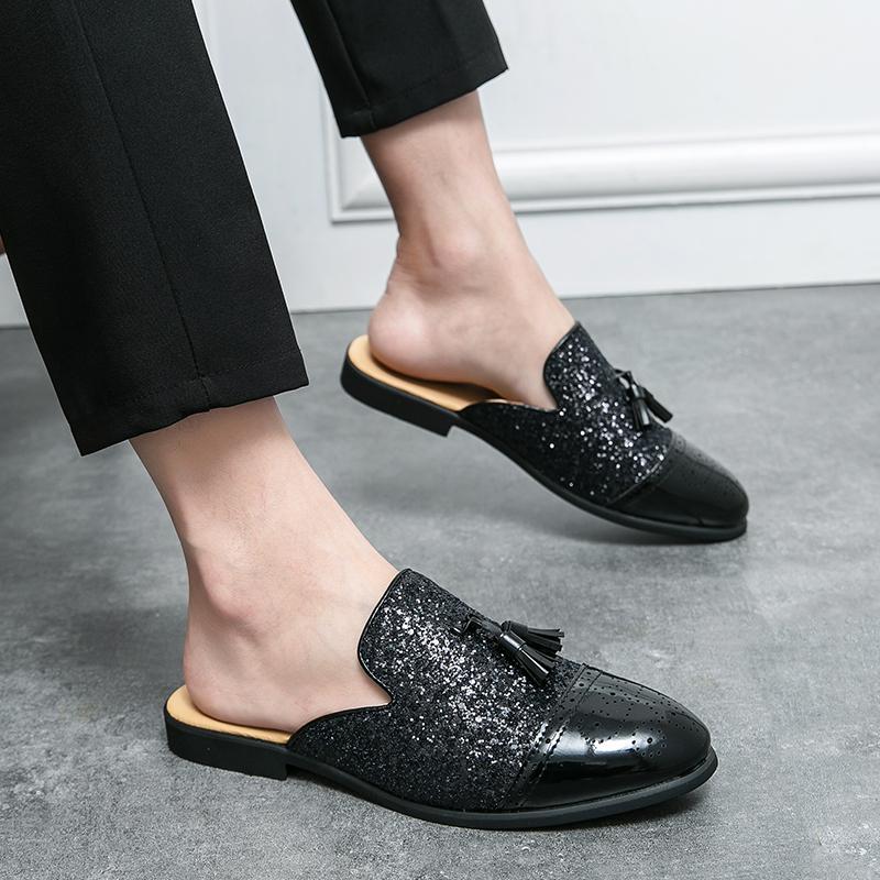 New Men Gold Black Half Slippers Driving Shoes Male Sequin Tassels Casual Mules Moccasins Breathable Loafers Zapatos Hombre