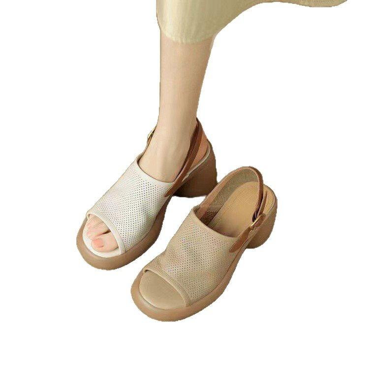 Premium soft leather Roman sandals women's 2025 new summer women's shoes fish mouth platform muffin shoes versatile high heels
