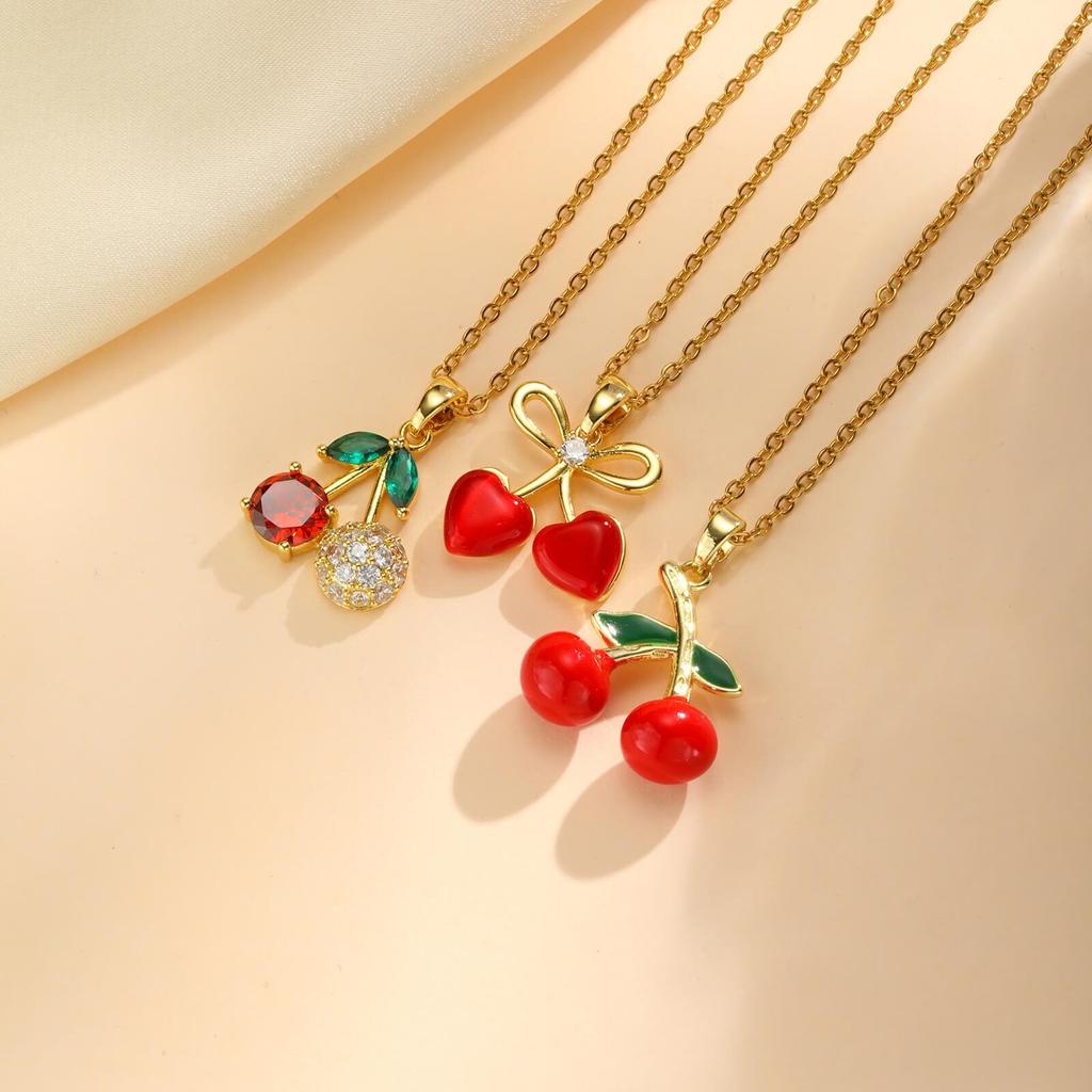 Delicate Red Cherry Pave Zirconia Pendant Necklace for Women, Fruit Summer Jewelry