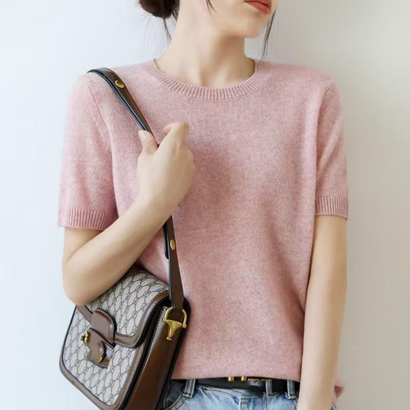 Loose Women's Round Neck Short Sleeve Knitted Sweater T-Shirt Base Layer Spring Autumn Short Top