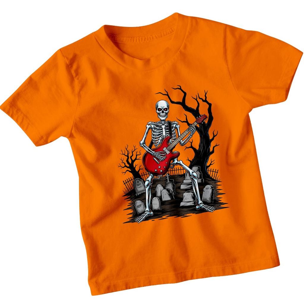 T-shirt 100% Coton Homme Crâne Guitare Rock Cimetière Heavy Metal Haut Enfant T-shirt Halloween