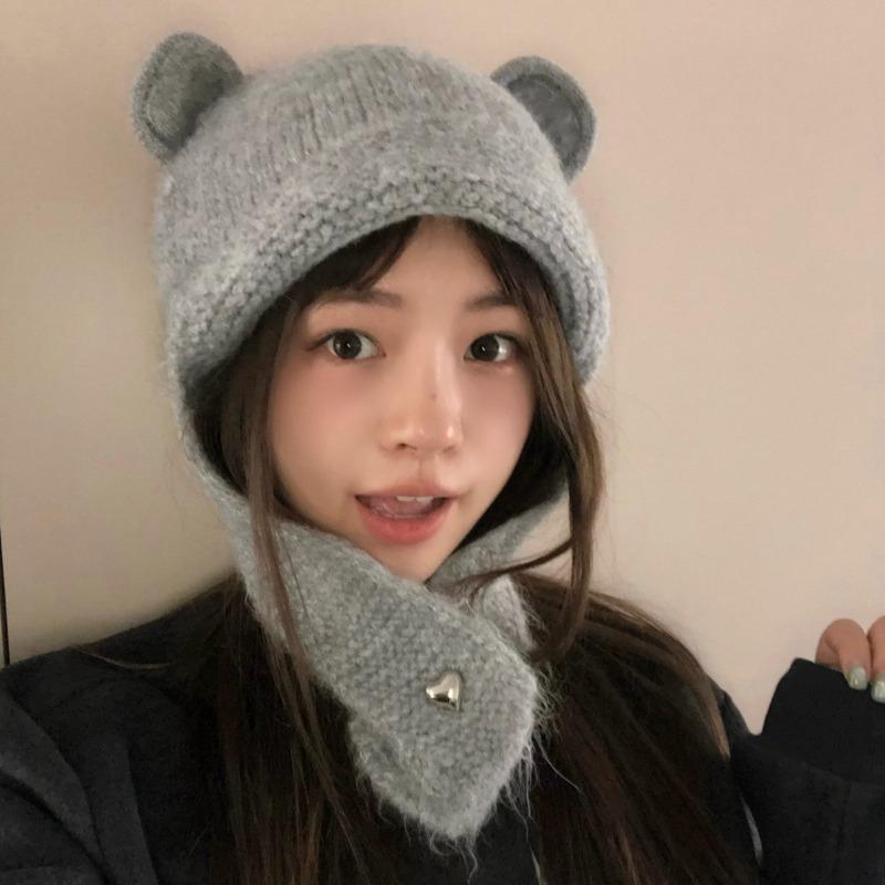 Cute Bear Ears Red Knitted Autumn and Winter Wool Hat Women's Warm Ear Protection Hat Showing Face Small Winter Headhat