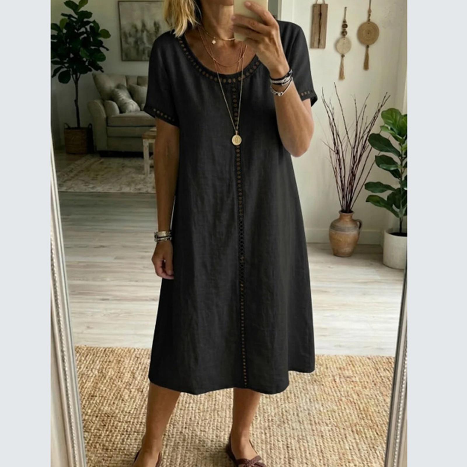 Fashionable Women s Round Neck Short Sleeved Lace Patchwork Cotton And Linen Dress L