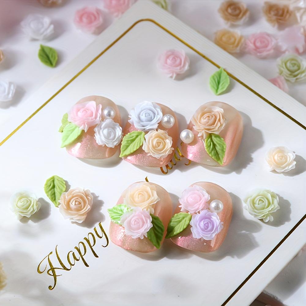 12er-Set Nagel-Accessoires mit Frühlingsrosen und grünen Blättern, dreidimensionale Nagel-Accessoires mit gemischten Harzperlen und Blumen