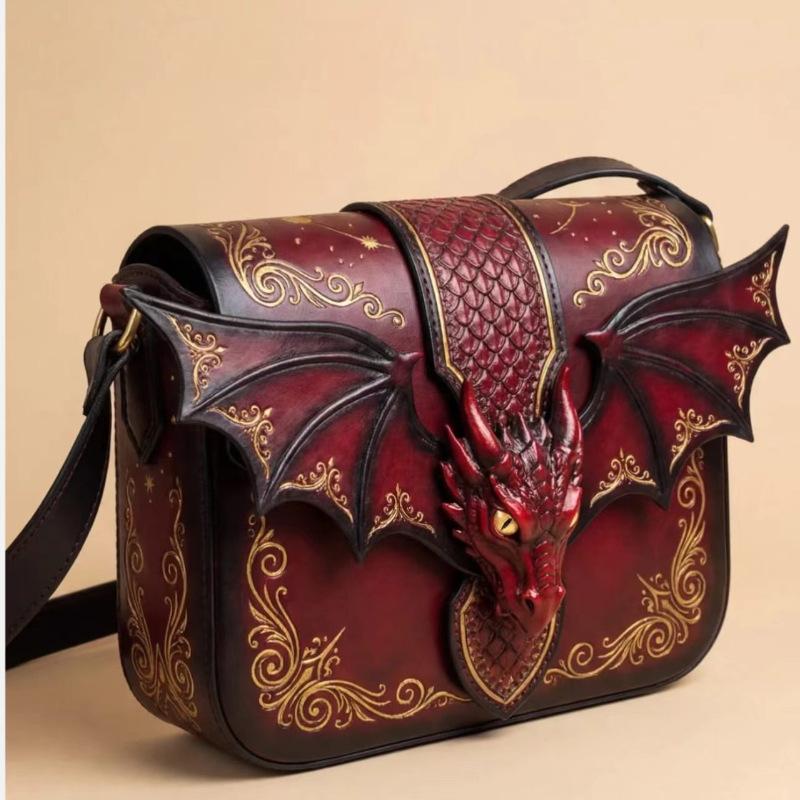 Borsa Messenger Magica Drago Marrone e Blu Contrasto Colore Design di Nicchia Decorazione Ala Drago Blu Stile Fantasy Borsa per Cellulare