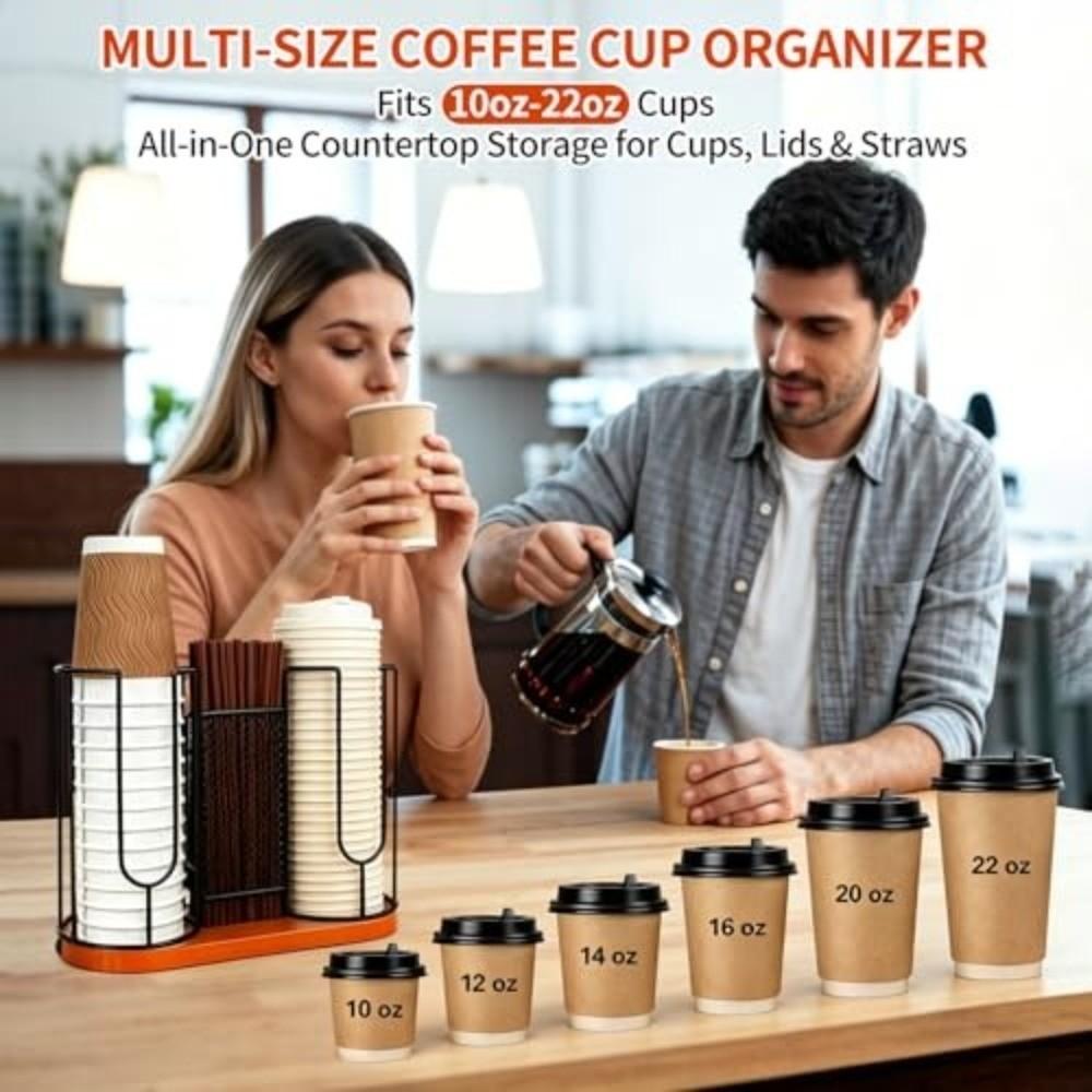 3-in-1 Coffee Cup Lid Holder Wooden Base Cup Dispenser Rack Paper Cup Dispenser Office Kitchen Use