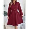 Autumn and Winter Casual Button Lace Waist Long-sleeved Shirt Skirt, Elegant Temperament Ladies Long-sleeved Dress Commuter All-match
