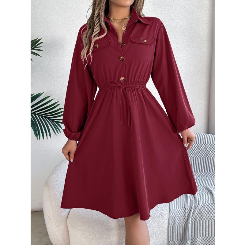 Autumn and Winter Casual Button Lace Waist Long-sleeved Shirt Skirt, Elegant Temperament Ladies Long-sleeved Dress Commuter All-match