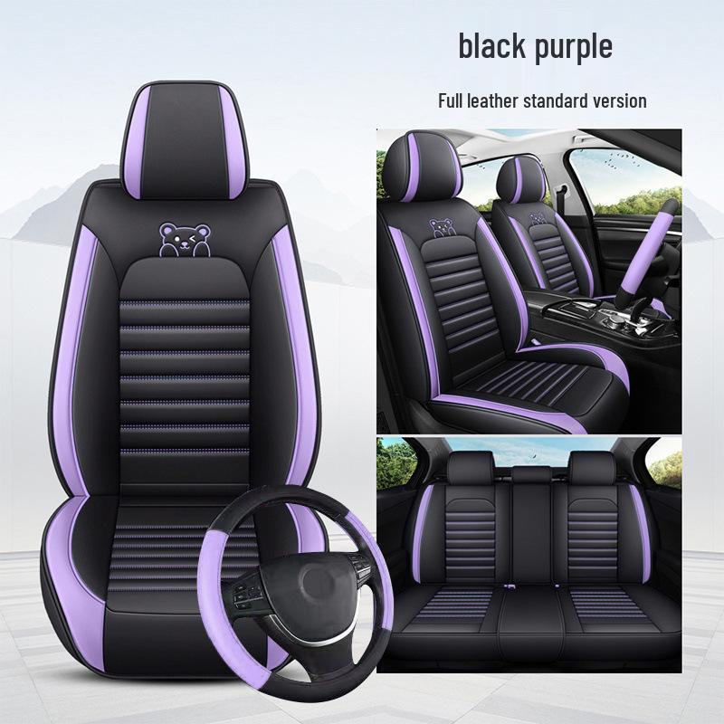 All-Season Full Surround Car Seat Cover Set - Leather & Ice Silk with Cartoon Design