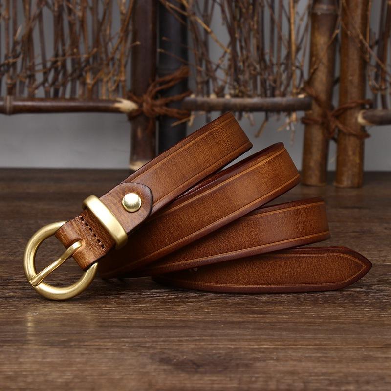 2.4Cm Wide Leather Belt Women'S Copper Buckle Korean Version Trendy Versatile Personalized Retro Pure Cowhide Jeans Belt
