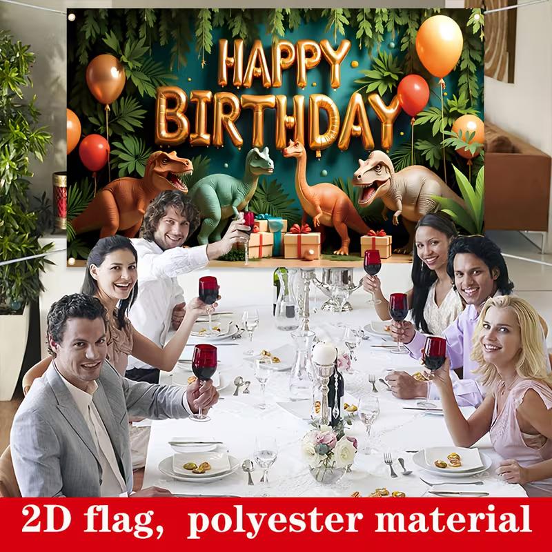 Kids Dino Themed Birthday Backdrop, Tropical Jungle Happy Birthday Background Cloth for Birthday Party & Photography