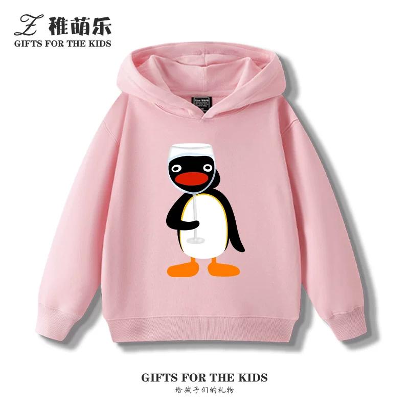 Kids' Fleece-Lined Hooded Sweatshirt with Fun Cartoon Penguin Print – Warm Pullover for Boys and Girls (Autumn/Winter)