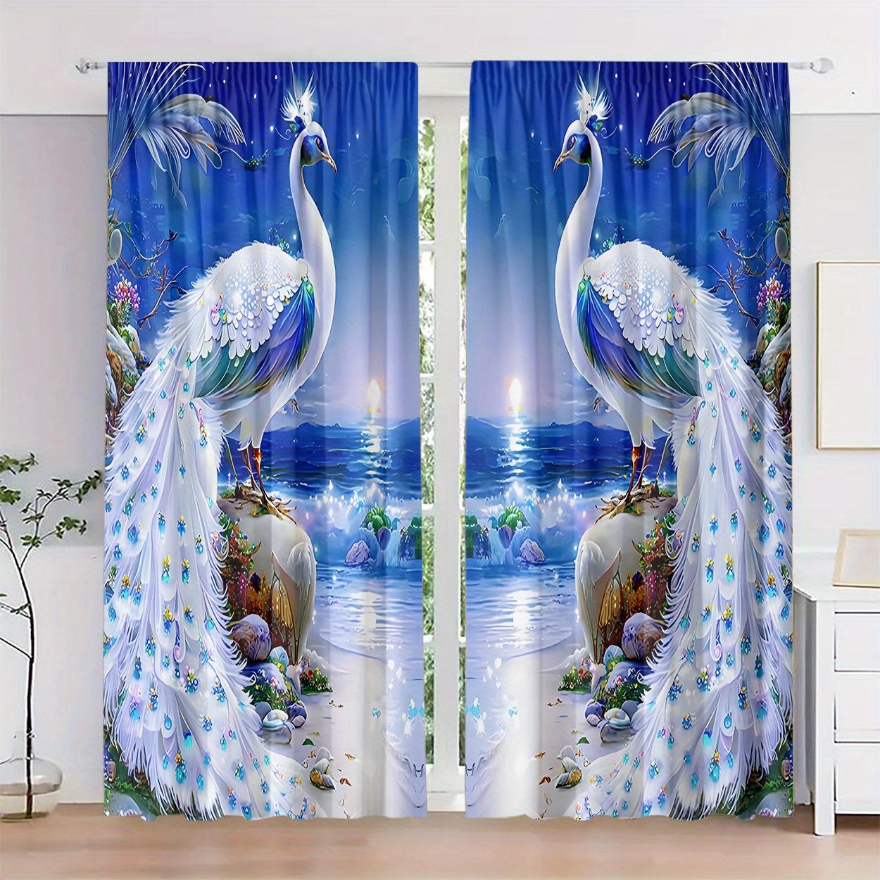 

2Pcs Elegant Peacock Print Curtains - Vibrant Blue & White On Seaside Scene, Light-Filtering Polyester Drapes With Rod Pocket De 53x116cm 2pc&Without mount