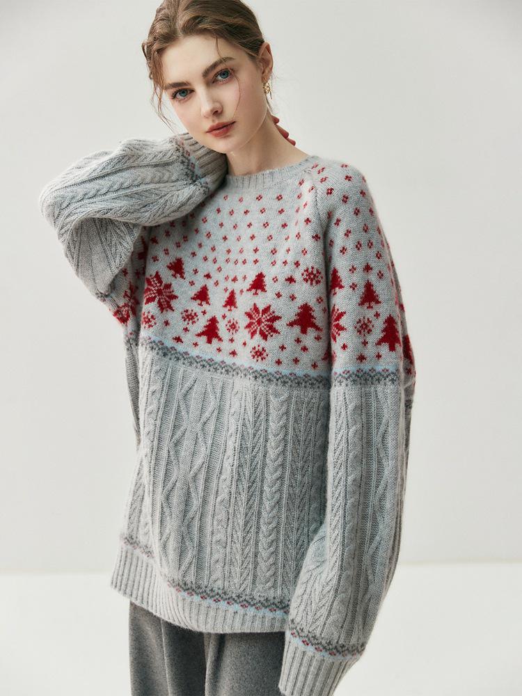 Women's Cashmere Snowflake Drop-Shoulder Sweater - Warm, Super Thick Crew Neck for Autumn/Winter