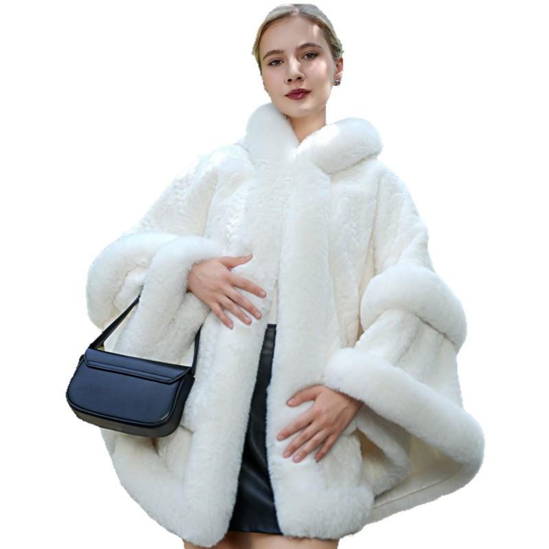 Womens Oversized Faux Fur Shawl Cape With Thick Collar Warm Winter Outerwear