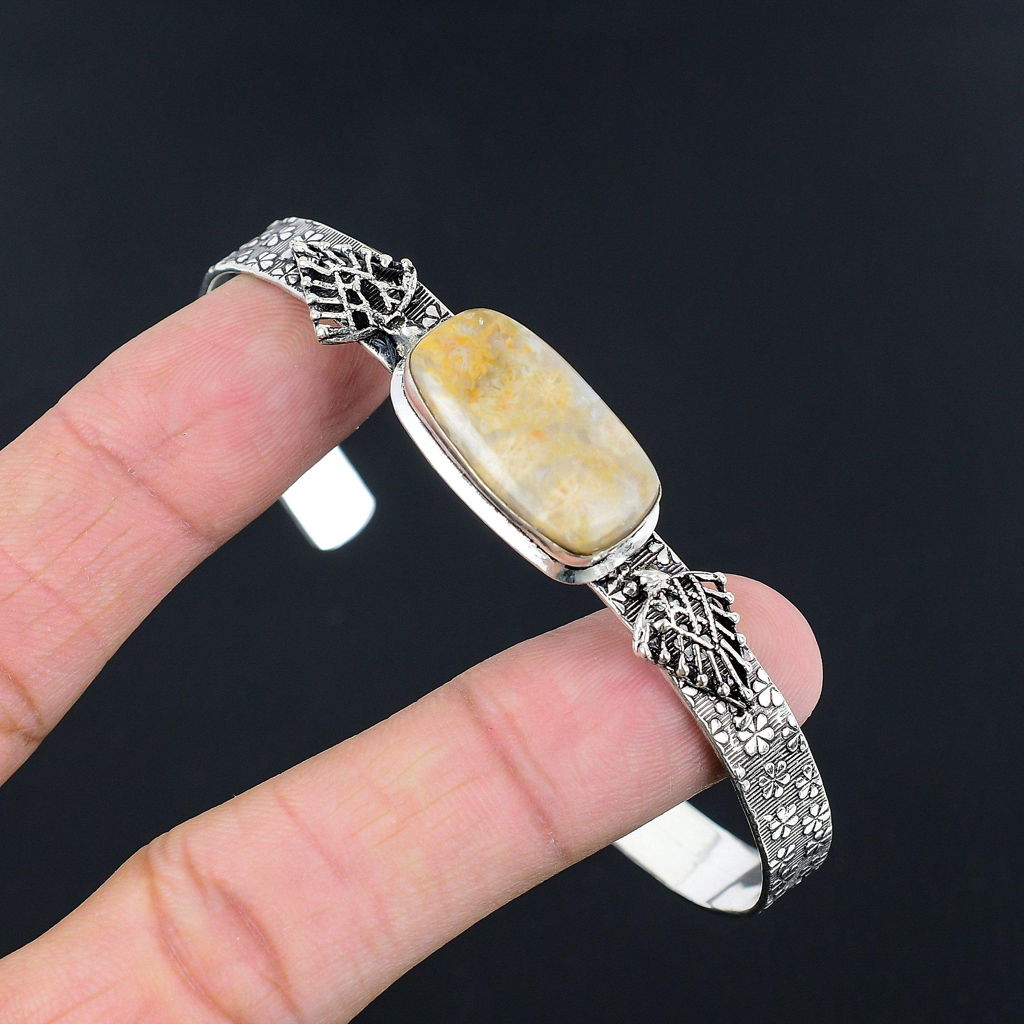 

Friendship Day Sale 925 Sterling Silver Fossil Coral Gemstone Bangle Bracelet Adjustable