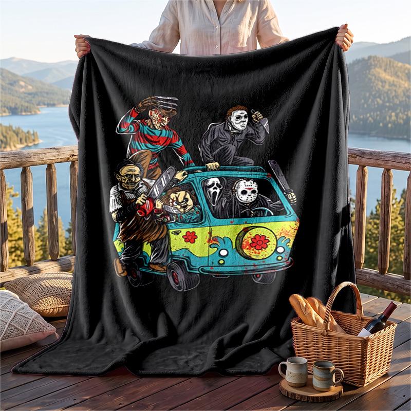 Warm Flannel Blanket Horror Movies Pattern, Lightweight Comfortable Throw Blanket for Bed Sofa Use
