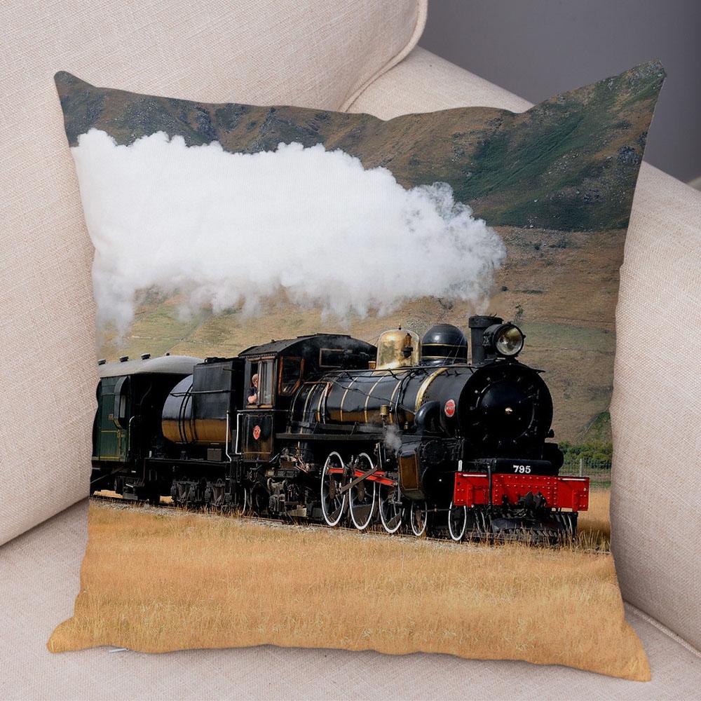 Vintage Style Steam Train Pillow Case Decor Retro Colorful Car Cushion Cover Super Soft Plush Pillowcase for Sofa Home Xcm