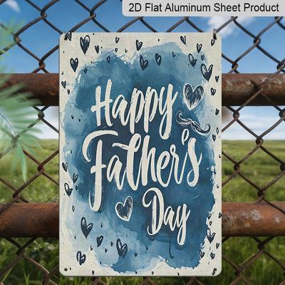 2D Flat, 1pc Watercolor Blue Heart Father's Day Metal Wall Art Sign "Happy Father's Day" - 8*12 Inch Aluminium Rustic Home Decor, Minimalist Style