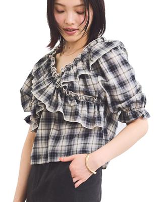 Blouse Frill Check Black [BIS] [2-Way] Blouse, Women's, (02)