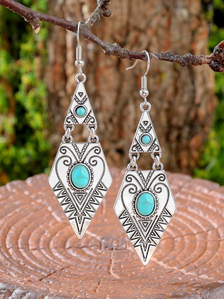 1 Pair Ethnic Style Earrings for Women Geometric Rhombus Vintage Silver Boho Accessories Daily Wear Party Decors Gifts Versatile