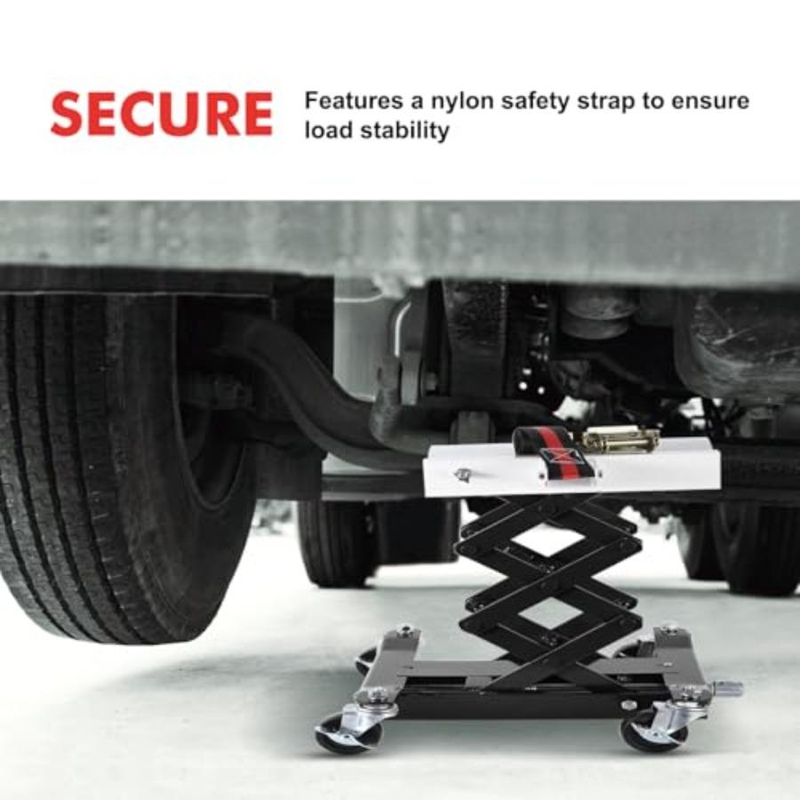 450 LBS Low Profile Transmission Jack - Heavy-Duty Auto Repair Lift with 7-23 Inch Hght Range 2M Safety Straps and 4 Brake Whee