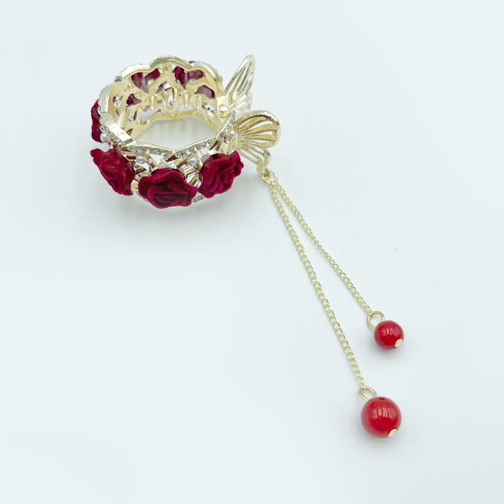 1pcs Fashion Velvet Rose Flower Red Ball Tasssel Crsytal Hair Claws For Women Party Hair Ponytail Holder Hair Accessories
