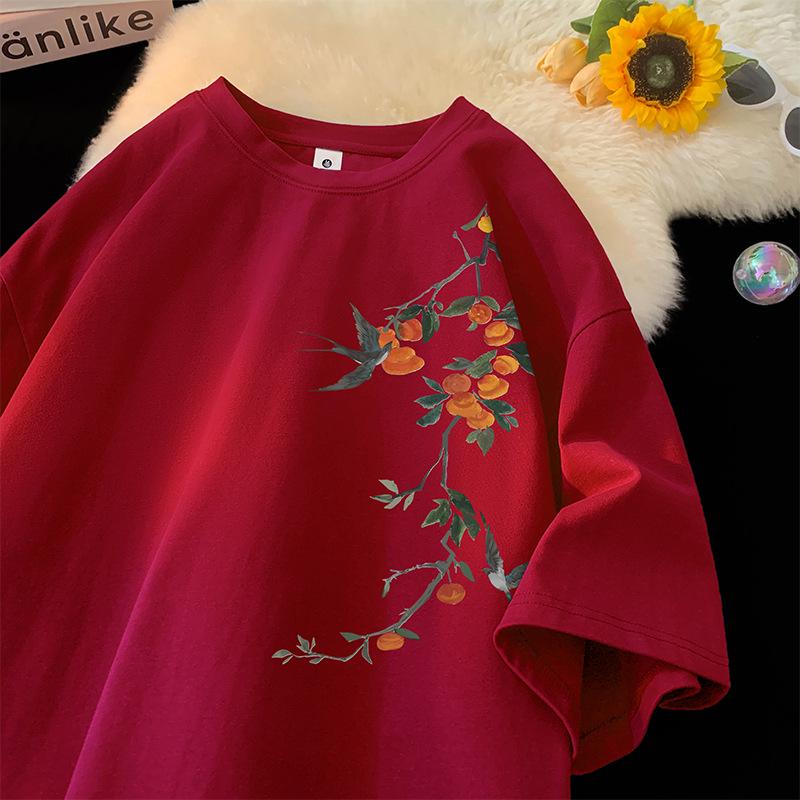 

2024 Женская новая футболка свободного кроя из чистого хлопка в китайском стиле с коротким рукавом M вино красного