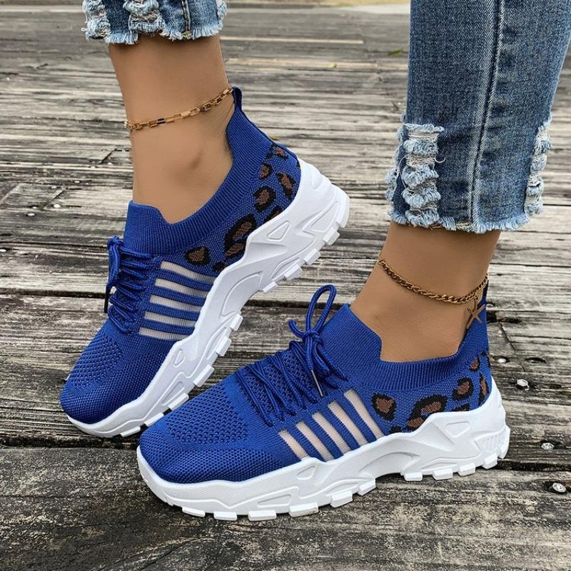 Large Size Fly-woven Sneakers Spring and Summer New Round Head Muffin Sole Leopard Print Breathable Single Shoes