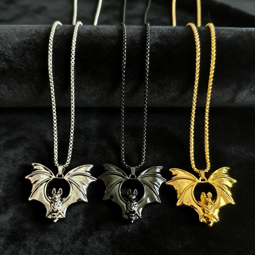 Gothic Bat Pendant Necklace with Metal Wings - Halloween Jewelry Charm Accessories