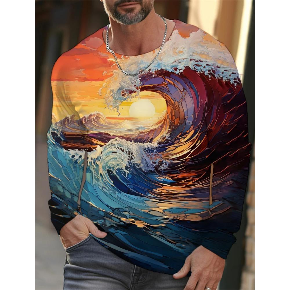 Spring and Autumn Round Neck 3D Ukiyoe  Printed Top Fashionable Casual Long Sleeved Men's T-shirts