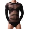 Men Bodysuit Sexy Mesh Sheer Body Stockings Cross Strap Men Long Sleeves Pantyhose Underwear Jumpsuit Romper Gay Lingerie Bikini