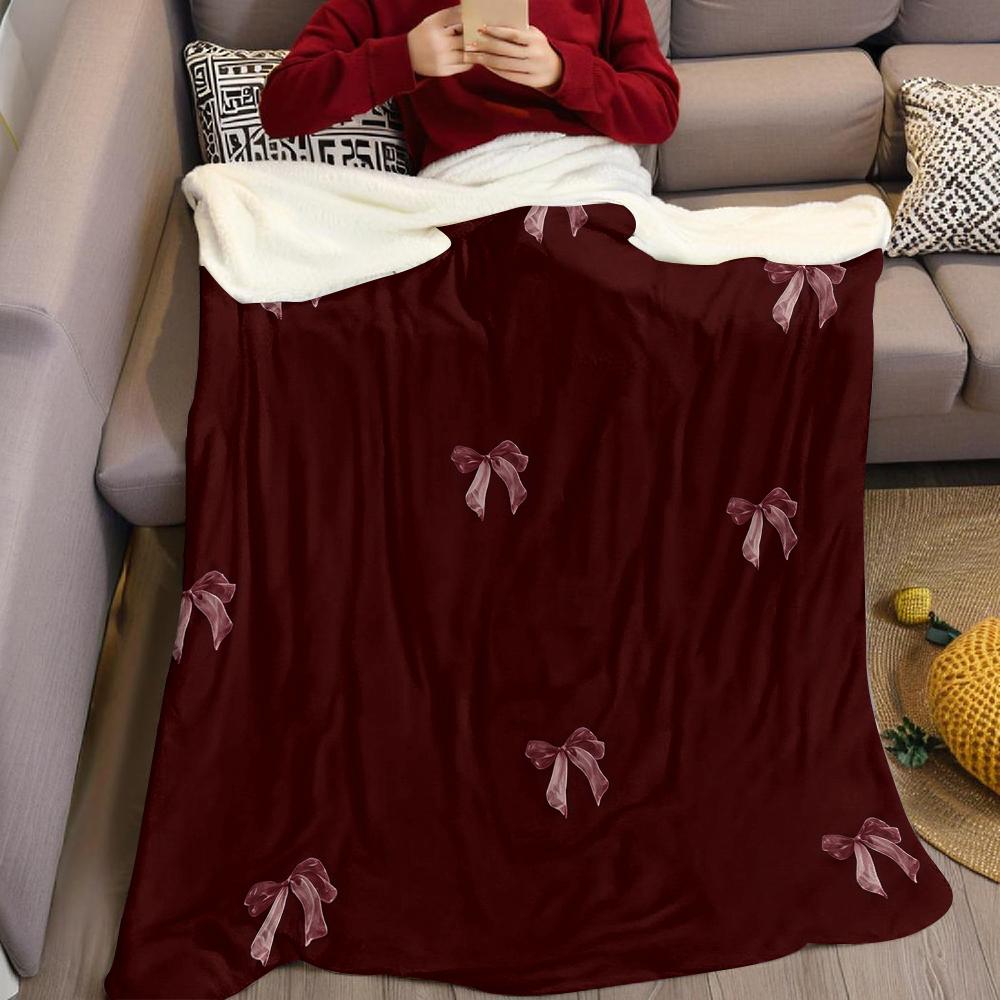 Burgundy Bow Flannel Blanket Warm Soft Halloween Christmas Couch Warm Cozy Decorative Decor Gift for All Season
