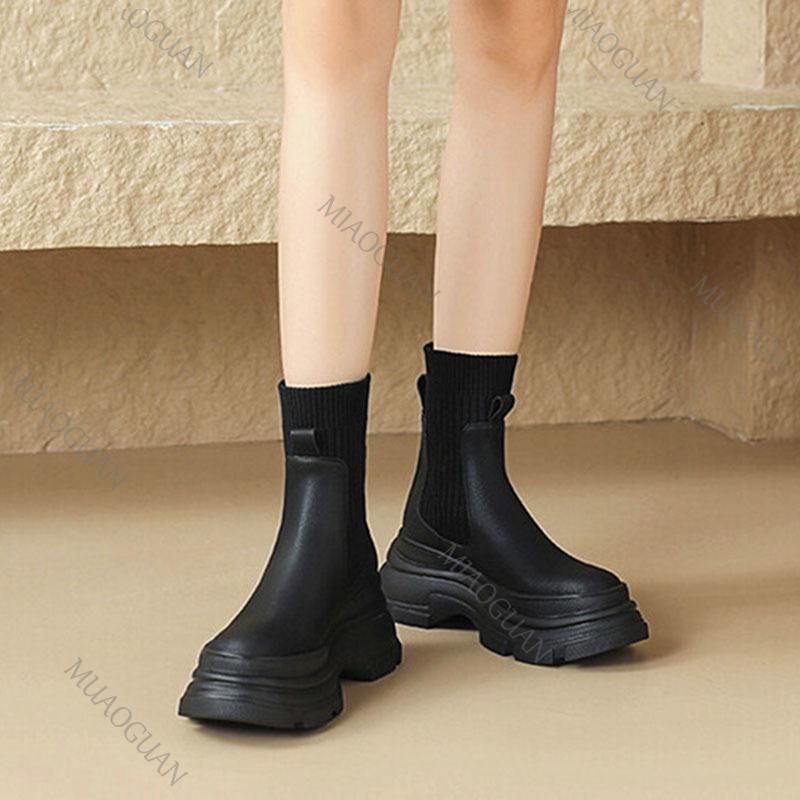 Fashion Knitted Patent Leather Sock Boots for Women Fashion New Thick Bottom Round Head Ankle Boots Casual Spring Autumn Women's Shoes