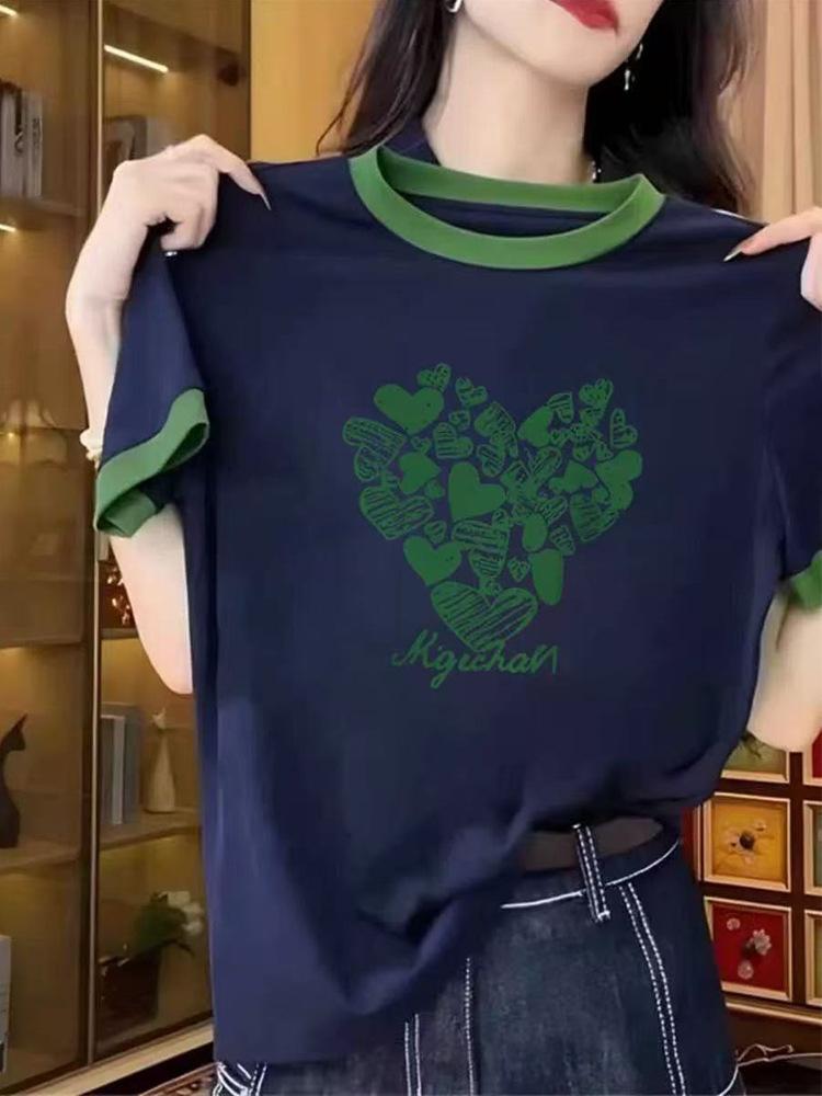 American Shoulder Color Matching Sweet Love Letter Design Short-sleeved T-shirt Women's Summer New Fashion Versatile Top