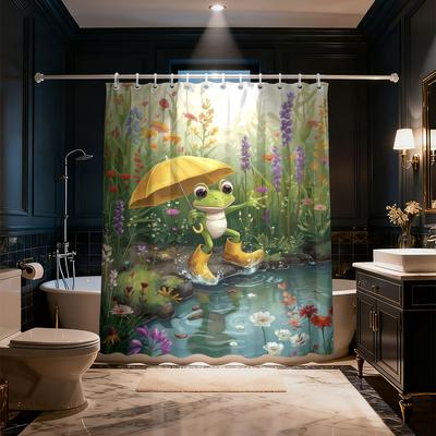 1pc Cute Cartoon Frog Printed Waterproof Partition Privacy Shower Curtain With 12 Hooks Multiple Sizes Easy To Install